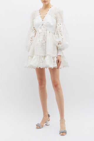 Lantern Sleeve V-Neck Lace Mini Dress White