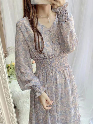 Classic Floral Ruffle Chiffon Dress-Pink