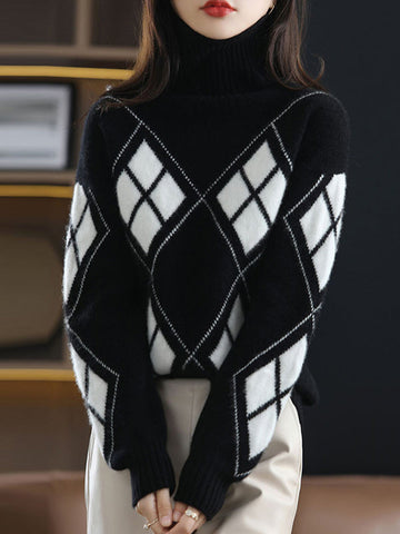 Casual Long Sleeves Loose Plaid High-Neck Sweater Tops