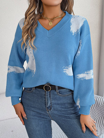 Suéter informal de otoño e invierno con mangas abullonadas y rayas de colores contrastantes para mujer 