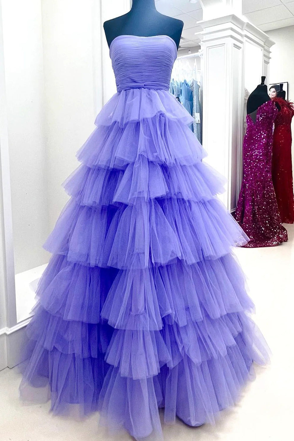 A-Linien-Abendkleid, trägerlos, pinkfarben, lang, mit Rüschen