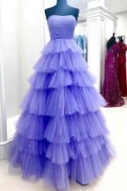 A-Linien-Abendkleid, trägerlos, pinkfarben, lang, mit Rüschen