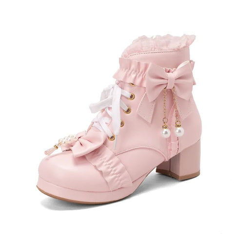 - Zapatos de Lolita de tacón grueso en rosa, blanco y negro con nudo de mariposa y perlas con cordones para mujer, bonitos botines de invierno de princesa para cosplay, talla 42 