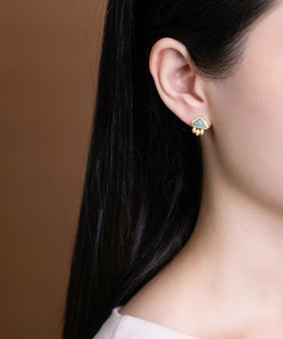 Pendientes Vogue de plata de ley verde con forma de nube de jade dorado y gotas de agua 