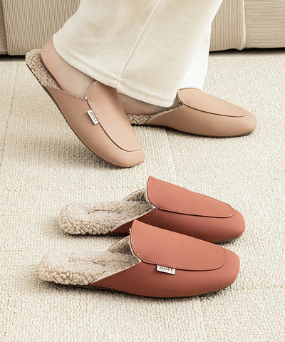Zapatillas de piel sintética color rojo ladrillo para mujer, forradas en lana afelpada 