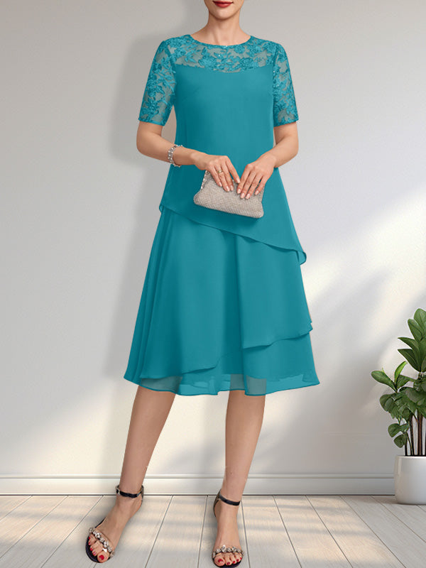 A-Linien-Kleid mit Rundhalsausschnitt, Illusion-Effekt, knielang, aus Spitze und Chiffon mit Pailletten für die Mutter der Braut