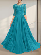 A-Linien-Kleid mit Illusion-Ausschnitt, bodenlang, aus Chiffon und Spitze, mit plissierten Pailletten und V-Ausschnitt für die Mutter der Braut