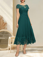 A-Linien-Kleid mit Illusion-Ausschnitt, Rundhalsausschnitt, Teelänge, Spitze und Chiffon, mit Pailletten, für die Mutter der Braut