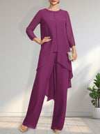 Zweiteiliger Jumpsuit/Hosenanzug, bodenlanges Chiffonkleid für die Mutter der Braut mit Paillettenbesatz und Rundhalsausschnitt.