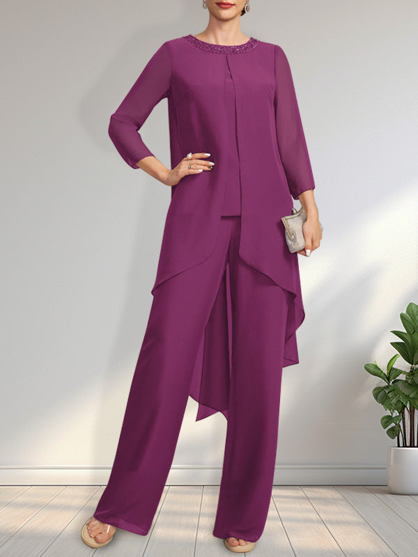 Vestido de gasa para madre de la novia, con escote redondo y largo hasta el suelo, con lentejuelas y abalorios, estilo mono/pantalón.