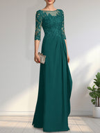 A-Linien-Kleid mit U-Boot-Ausschnitt, Illusion-Effekt, bodenlang, aus Chiffon und Spitze, mit Perlen, Pailletten und kaskadenartigen Rüschen – perfekt für die Mutter der Braut.