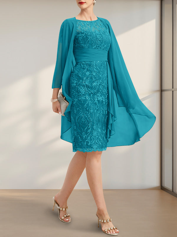 Etuikleid/Säulenkleid mit Illusion-Ausschnitt, knielang, aus Chiffon mit Spitze, Kaskadenrüschen und Pailletten für die Mutter der Braut