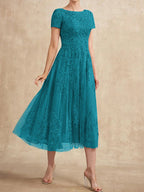 A-Linien-Kleid aus Tüllspitze mit Rundhalsausschnitt und Teelänge für die Mutter der Braut 