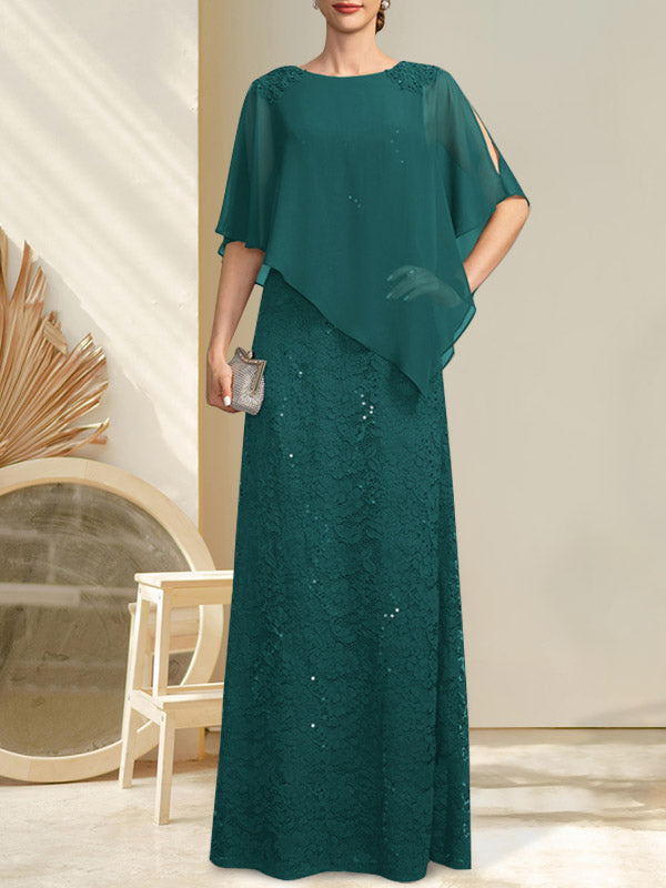 Vestido de madre de la novia de gasa con encaje, escote redondo y largo hasta el suelo, con lentejuelas y abalorios