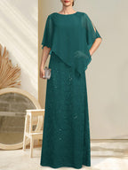 Vestido de madre de la novia de gasa con encaje, escote redondo y largo hasta el suelo, con lentejuelas y abalorios