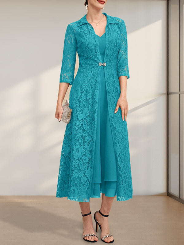 A-Linien-Chiffonkleid mit V-Ausschnitt und Teelänge für die Mutter der Braut