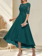 A-Linien-Kleid mit U-Boot-Ausschnitt, Illusion-Effekt, asymmetrischem Chiffon-Spitzenbesatz und Paillettenstickerei für die Mutter der Braut.