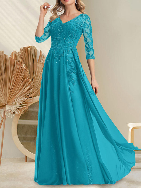 Vestido de gasa con encaje y lentejuelas para madre de la novia, corte A, escote en V y largo hasta el suelo
