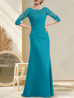 A-Linien-Kleid aus Chiffon und Spitze in Bodenlänge für die Mutter der Braut mit Perlenstickerei, Falten und Pailletten