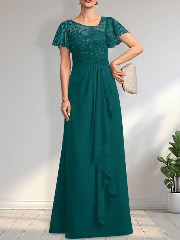A-Linien-Kleid aus asymmetrischem Chiffon mit Illusion-Effekt, bodenlang, mit Kaskadenrüschen und Pailletten für die Mutter der Braut 