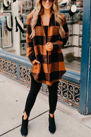 Meridress Vintage Shacket-Jacke mit abgerundetem Saum und Button-Down-Karomuster