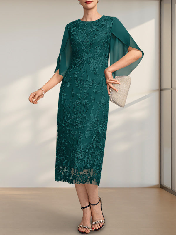 Etuikleid/Säulenkleid mit Rundhalsausschnitt, Teelänge, aus Spitze und Chiffon, ideal für die Mutter der Braut