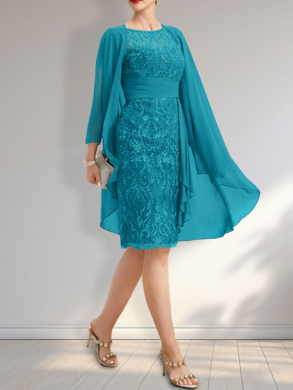 Etuikleid mit Rundhalsausschnitt, Illusion-Effekt, knielang, aus Chiffon mit Spitze, Rüschen und Pailletten – ideal für die Mutter der Braut
