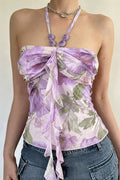 Floral Print Beaded Romantic Halter Top