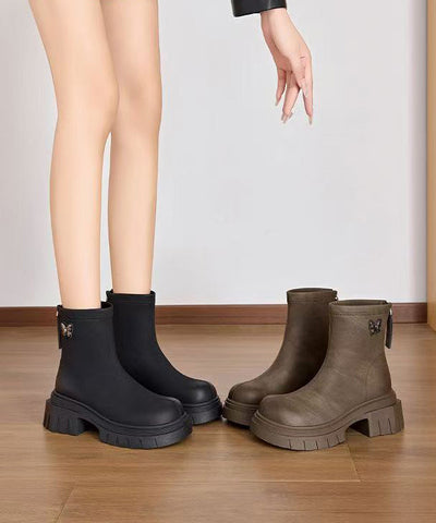 Khaki Stiefel Chunky Faux Leder Frauen Spleißen Reißverschluss 