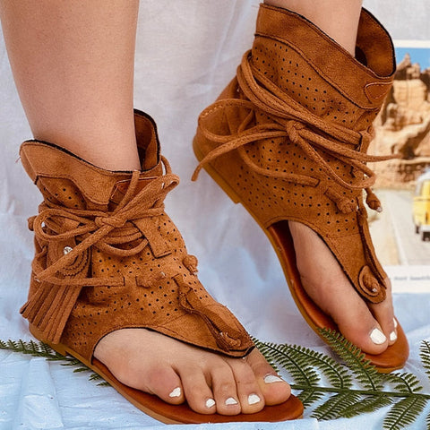 Women Retro Clip Toe Sandals Ladies Gladiator Vintage Boots Casual Tassel Rome Summer Beach Woman Shoes Female New