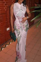 Mesh Floral Printed Splice Bodycon Maxi Dress