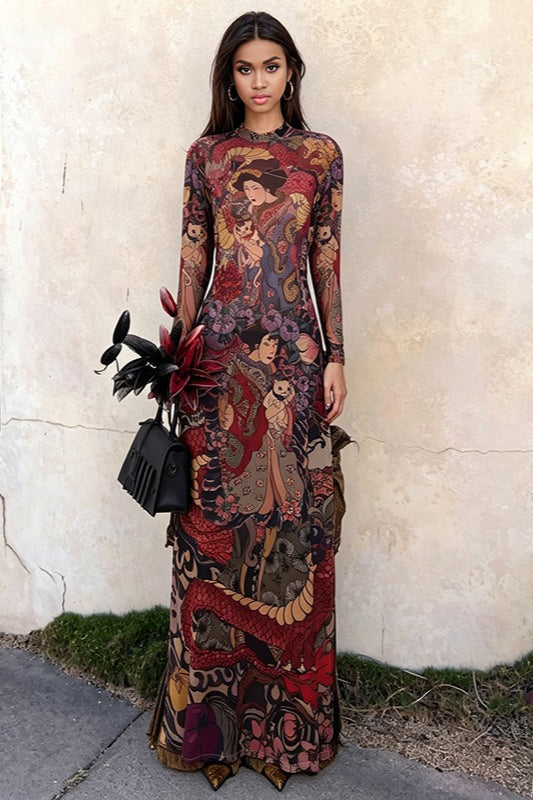 Round Neck Printed Waist Tie High Slit Maxi Dress