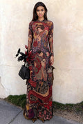 Round Neck Printed Waist Tie High Slit Maxi Dress