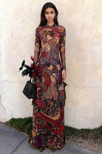 Round Neck Printed Waist Tie High Slit Maxi Dress