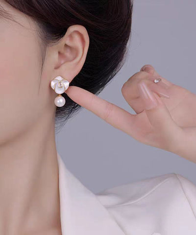 Chic White Sterling Silver Overgild Zircon Pearl Camellia Flower Drop Earrings