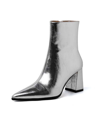 Französische Spleißen Chunky Boots Silber Rindsleder Leder Spitzschuh 
