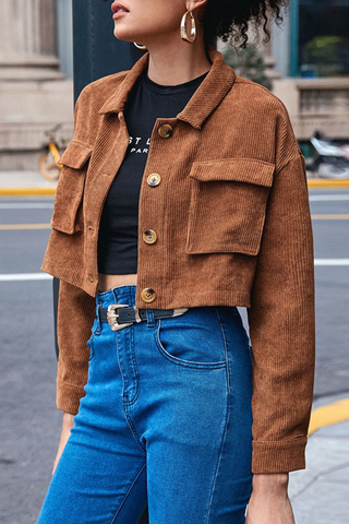 Street Solid Pocket Buckle Turndown Collar Outerwear