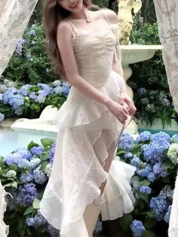 Vestido midi irregular con tirantes finos y volantes Y2K para mujer, novedad de verano, ajustado, estilo Fairycore, para fiesta de cumpleaños y graduación 