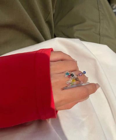 Anillos con borlas florales y perlas de cristal arcoíris para mujer 