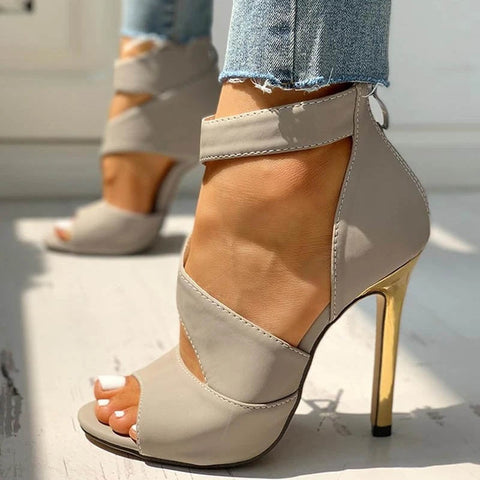 Útiles escolares para mujer, tacones altos finos de verano, sandalias de punta abierta con cremallera alta y fina, sandalias de oficina con agujeros, zapatos de tacón alto para mujer 