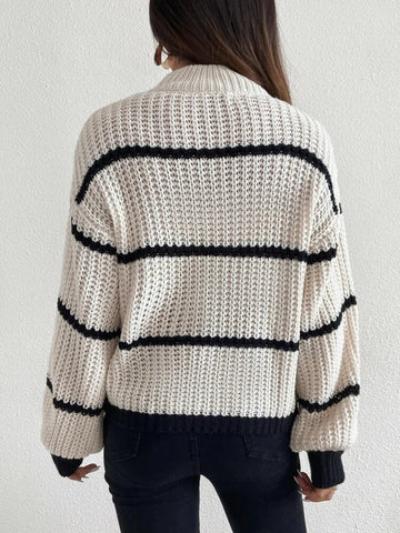 Suéter de punto a rayas con cuello redondo elegante y mangas farol para mujer, ropa de otoño e invierno 