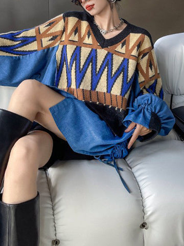 False Two Long Sleeves Drawstring Split-Joint V-Neck Sweater