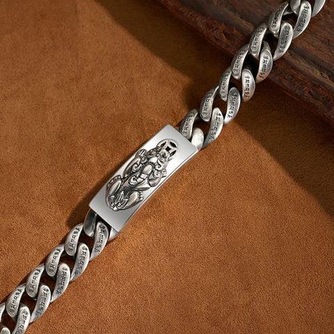 Sterling Silver Buddhist Mantra Pixiu Curb Chain Bracelet