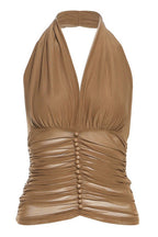 Solid Mesh Button Cropped Halter Top