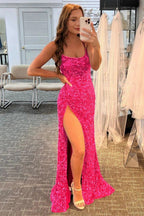 Meerjungfrauen-Glitzer-Pailletten-Kleid, sexy, pinkfarben, rückenfrei, langes Ballkleid