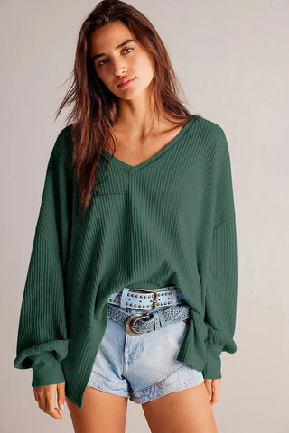 blackish green waffle v neck loose blouse