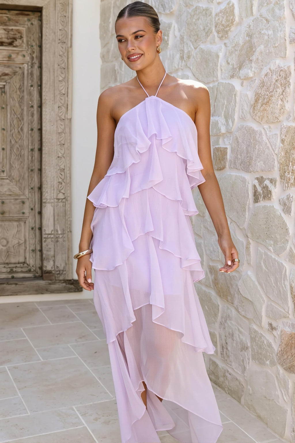 Tiered Ruffle Chiffon Print Maxi Dress