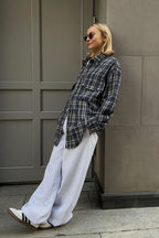 Plaid Mid Length Double Pocket Shirt Blouse