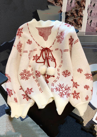 Neu Rot V Neck Print Lace Up Baumwolle Stricken Pullover 