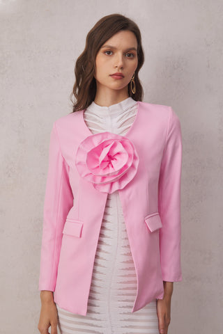 3D Flower Solid Long Sleeve Blazer